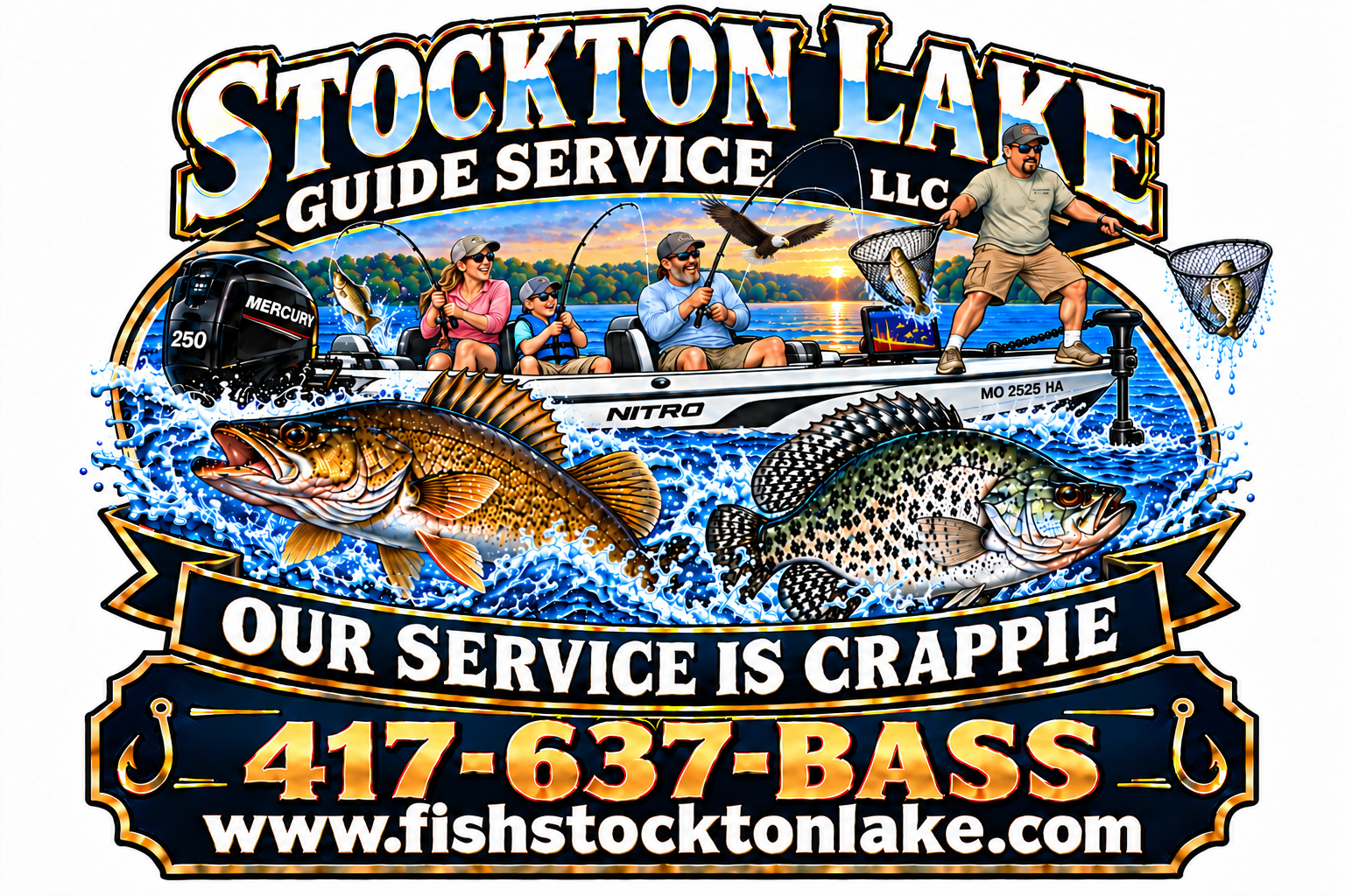 Stockton Lake Guide Service LLC logo: family fishing while their guide nets two fish, with a bald eagle over the lake